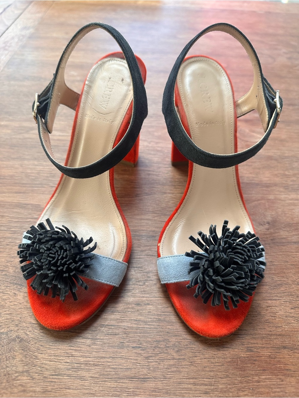 J Crew Collection Color Block Pom Pom Suede Sandals Made in Italy